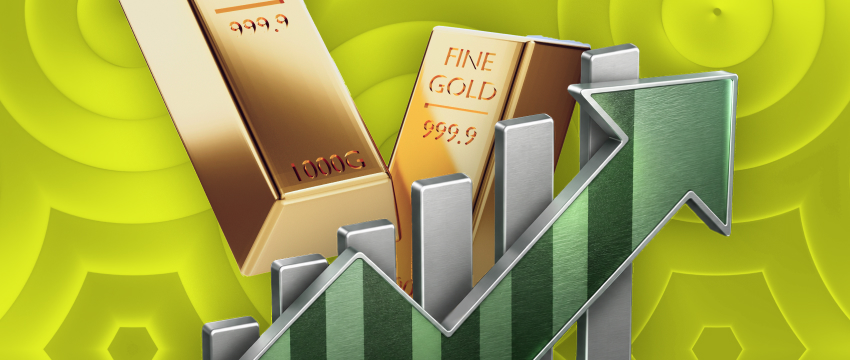 1. Gold bars with a rising market chart representing gold reaching a record high