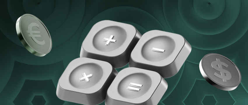 3D calculator keys with euro and dollar coins representing a EURUSD calculator