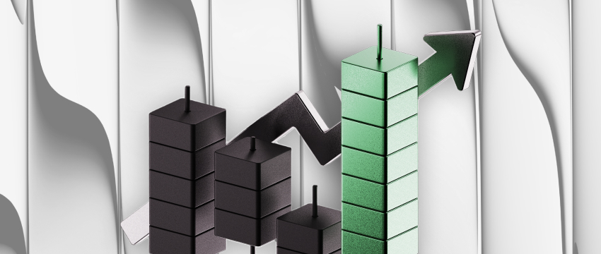 3D candlestick chart with black and green blocks and an upward arrow showing a rising stock trend