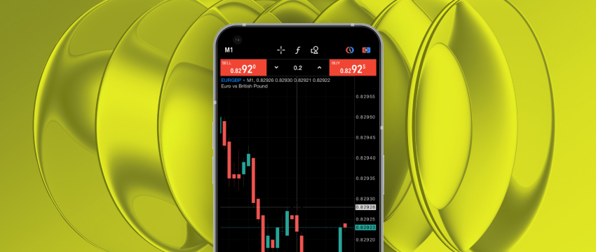 Smartphone showing a forex trading platform with a EUR/GBP chart and sell and buy prices