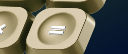 Animated close-up of a gold calculator equals key on a dark blue background