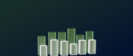 Animated 3D bar chart with green and white bars rising and falling on a dark background